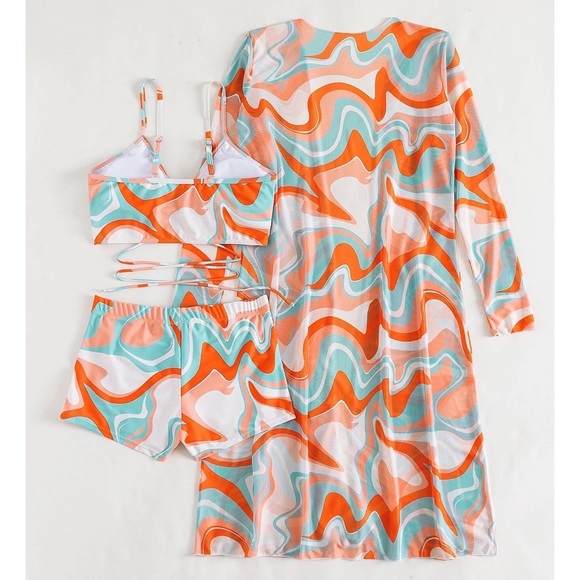Retro 3 Pcs Set Orange Blue White Psychedelic Bikini & Coverup - Picture 4 of 15